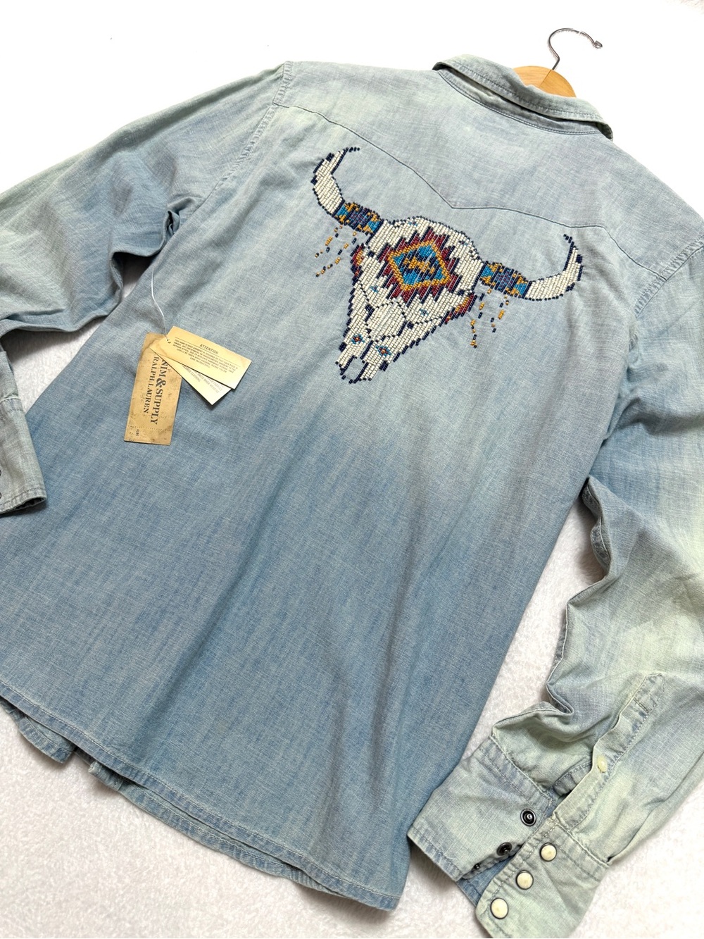 Ralph Lauren Denim Supply XL Chambray Beaded Buffalo Scull Shirt Snap Western